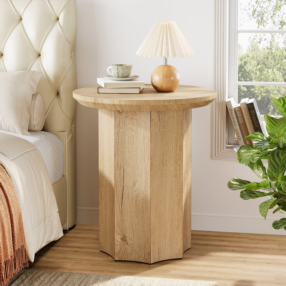 Round End Table, Wooden Pedestal Side Table with Octagonal Base