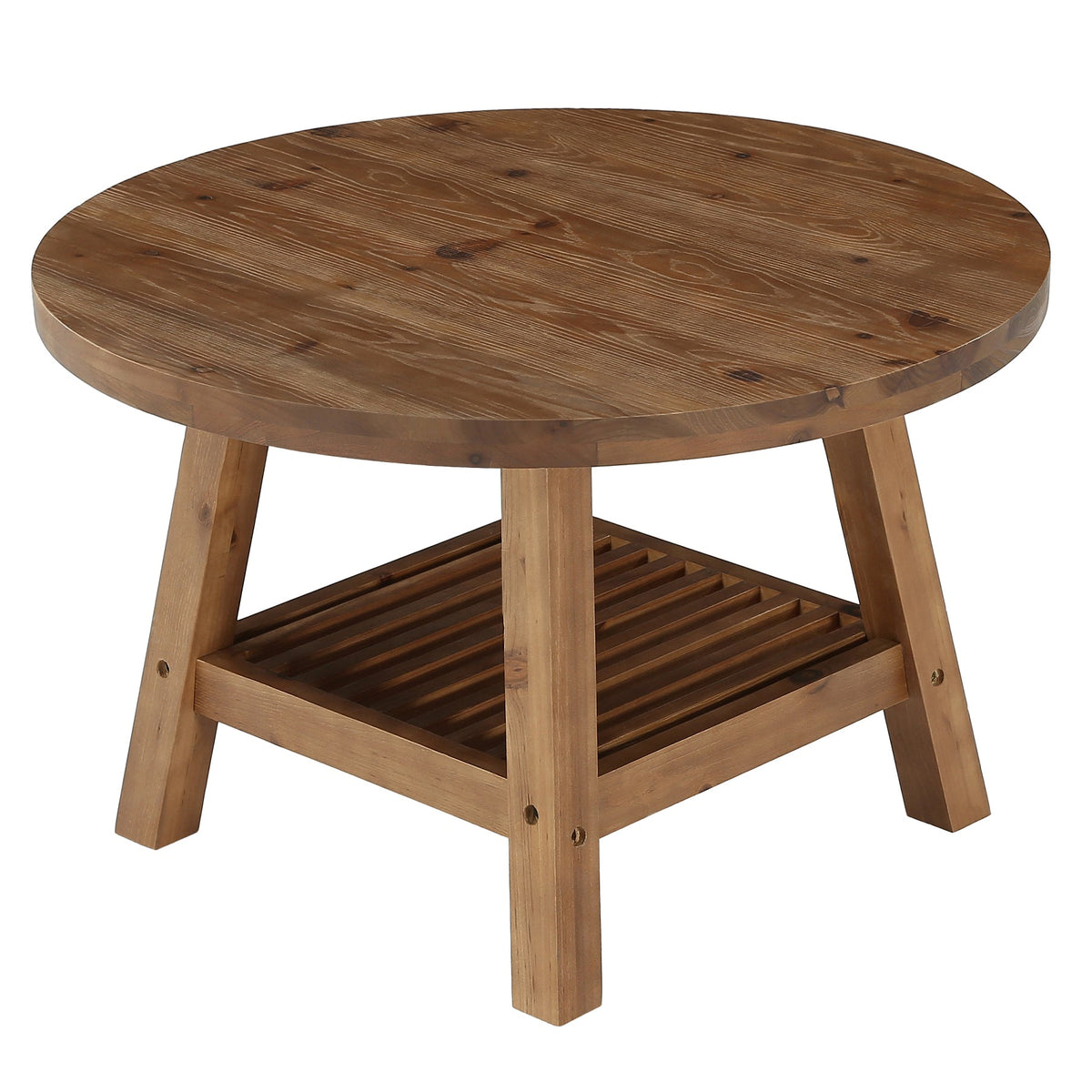 Solid Wood Round Coffee Table, 31.5" Center Table with 2-Tier Storage for Living Room
