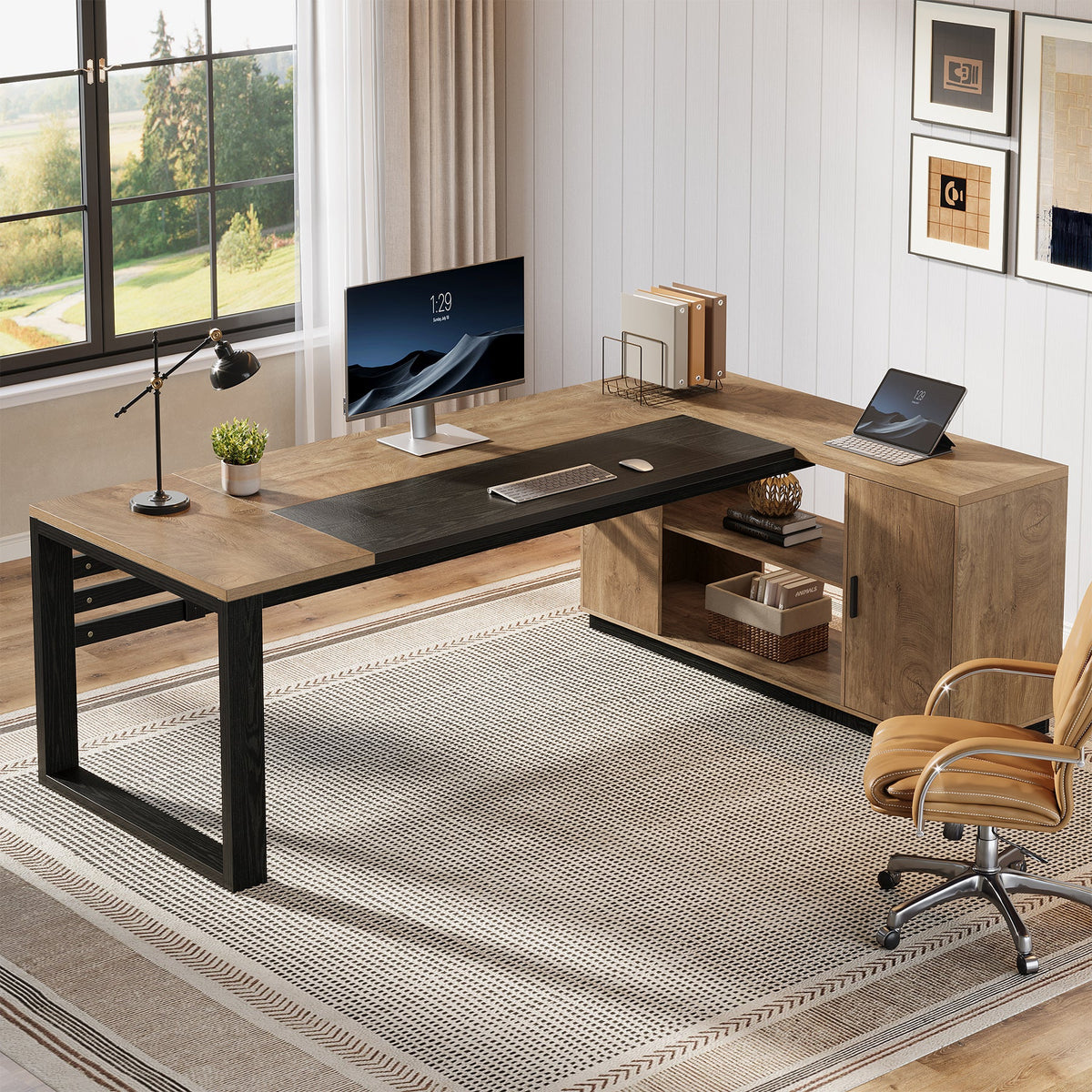 78" L-Shaped Executive Desk, Modern Office Desk with Cabinet Storage & Shelves