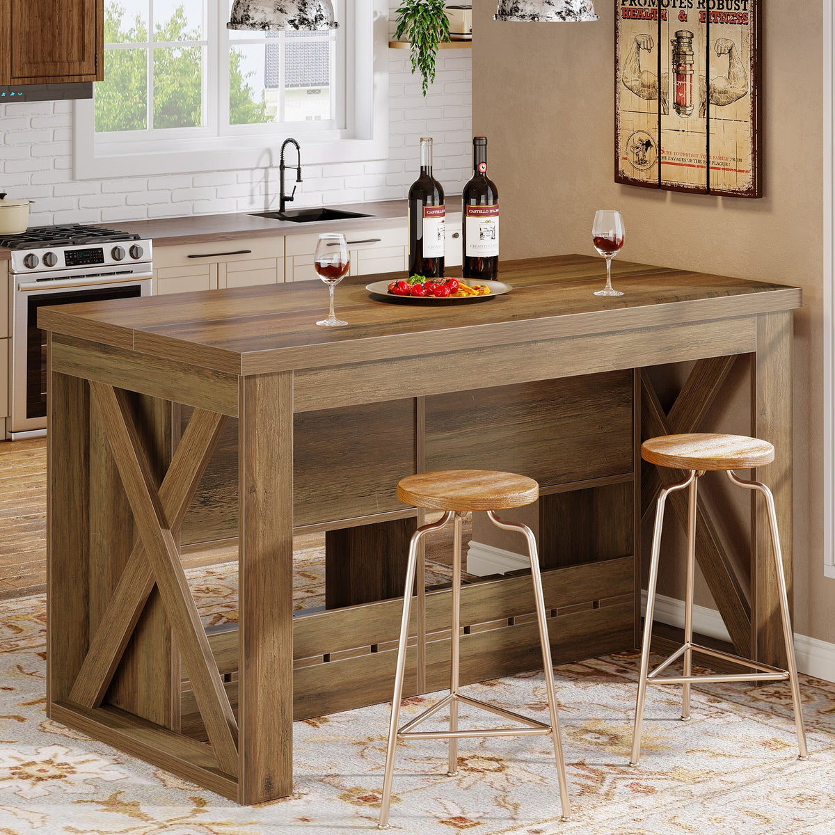 55" Kitchen Island, Wooden Bar Table with 2 Drawers and Open Shelf