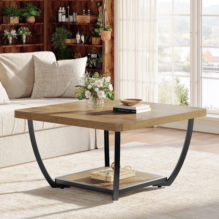 31.5" Coffee Table, Square 2-Tier Accent Center Cocktail Table with Storage