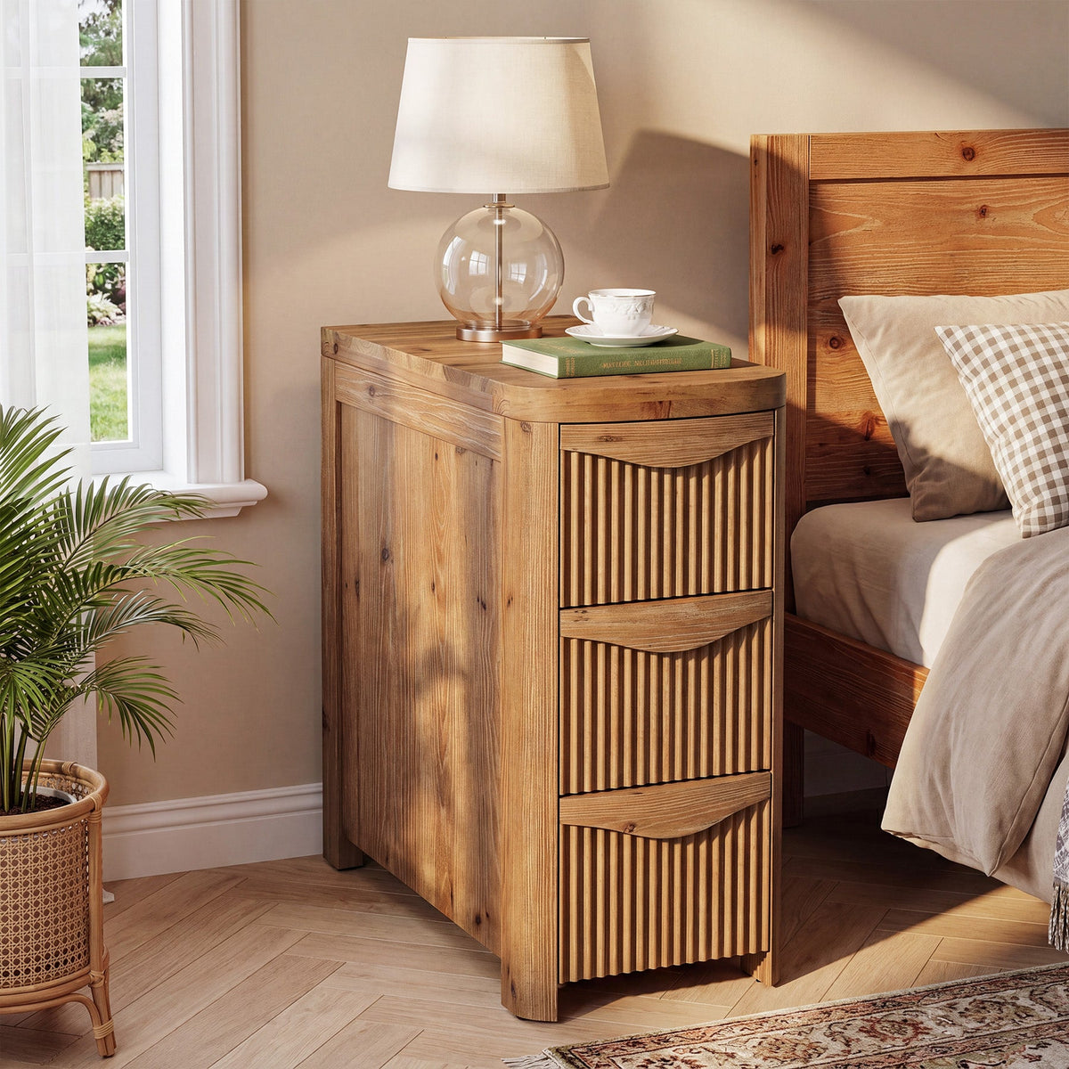 Solid Wood End Table with 3 Drawers, 24" Farmhouse Side Table for Small Spaces