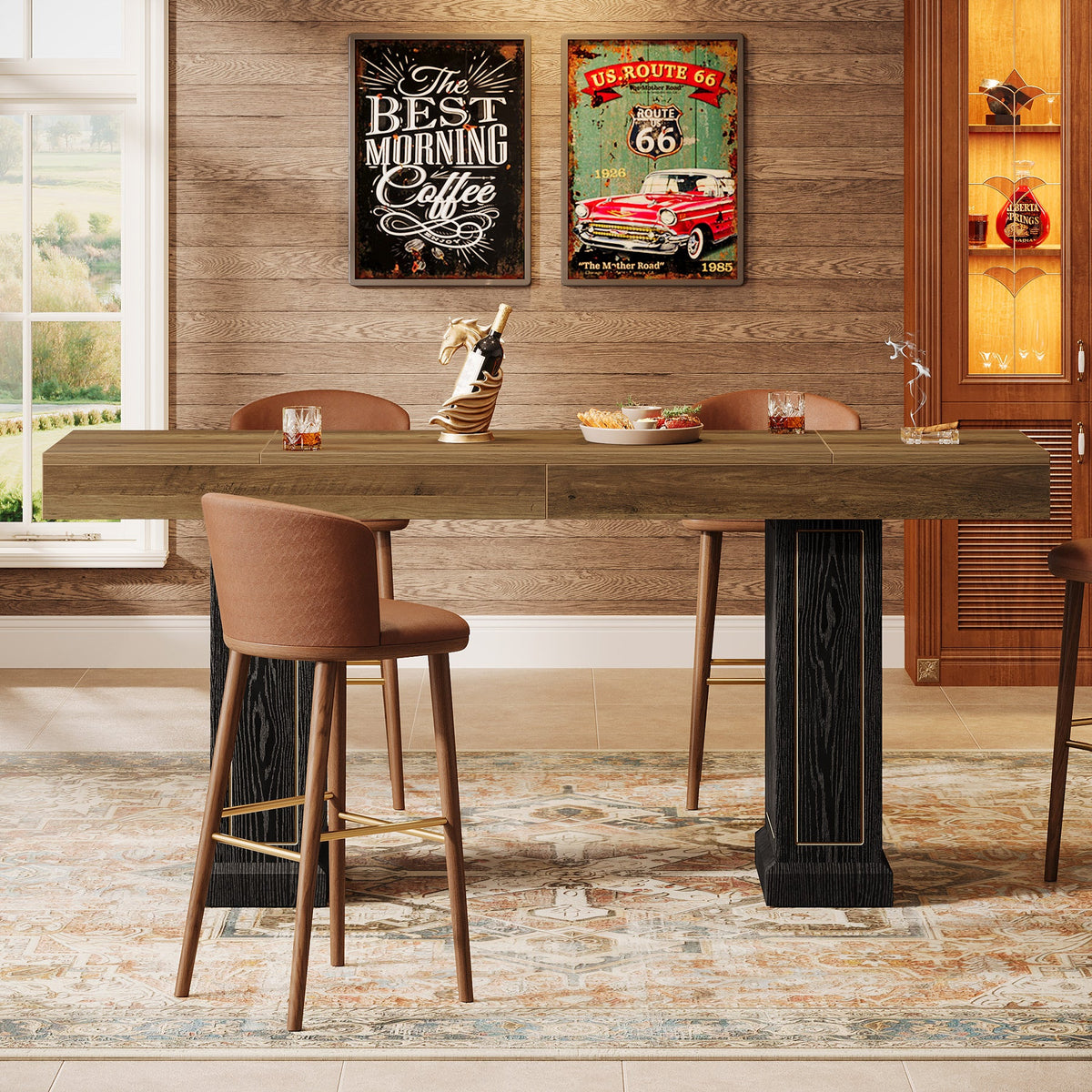71" Counter Height Bar Table for 6-8 People, Rustic Pub Table with Dual Pedestal Base & Gold Accents