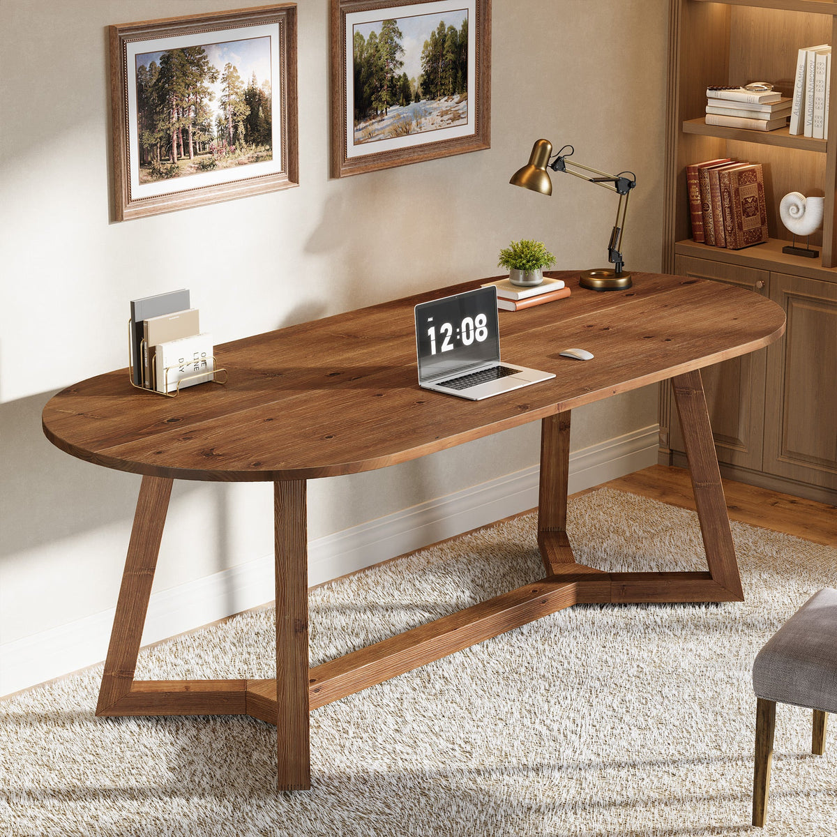 Solid Wood Computer Desk, 63" Oval Executive Desk with Sturdy Tapered Legs