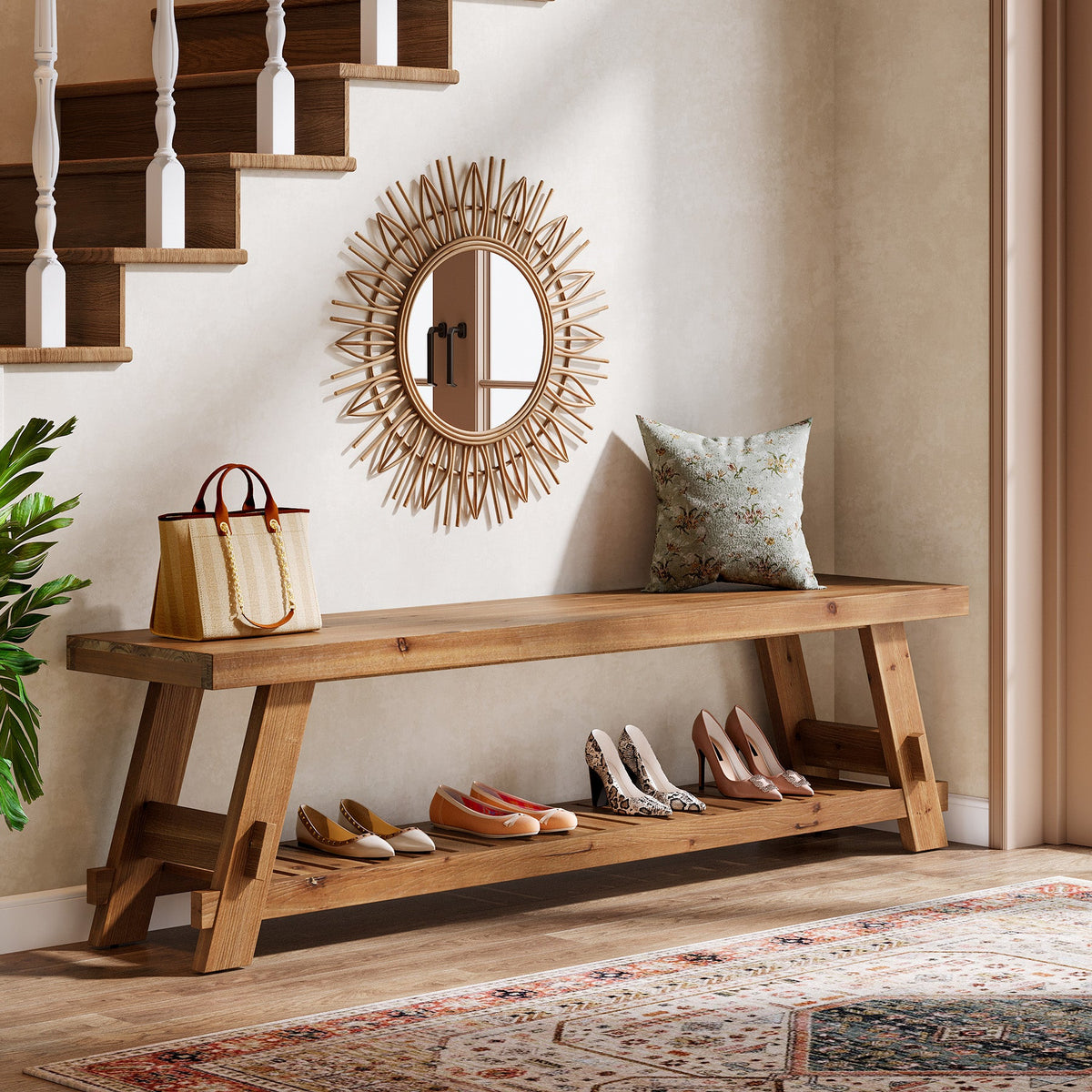 63" Solid Wood Shoe Bench, 2-Tier Entryway Bench with Storage Shelf