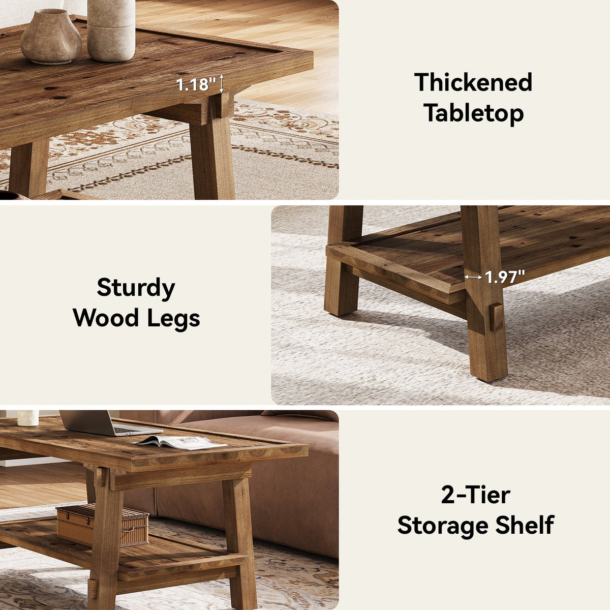 Solid Wood Coffee Table, 47" Rectangle Center Table with 2-Tier Shelves