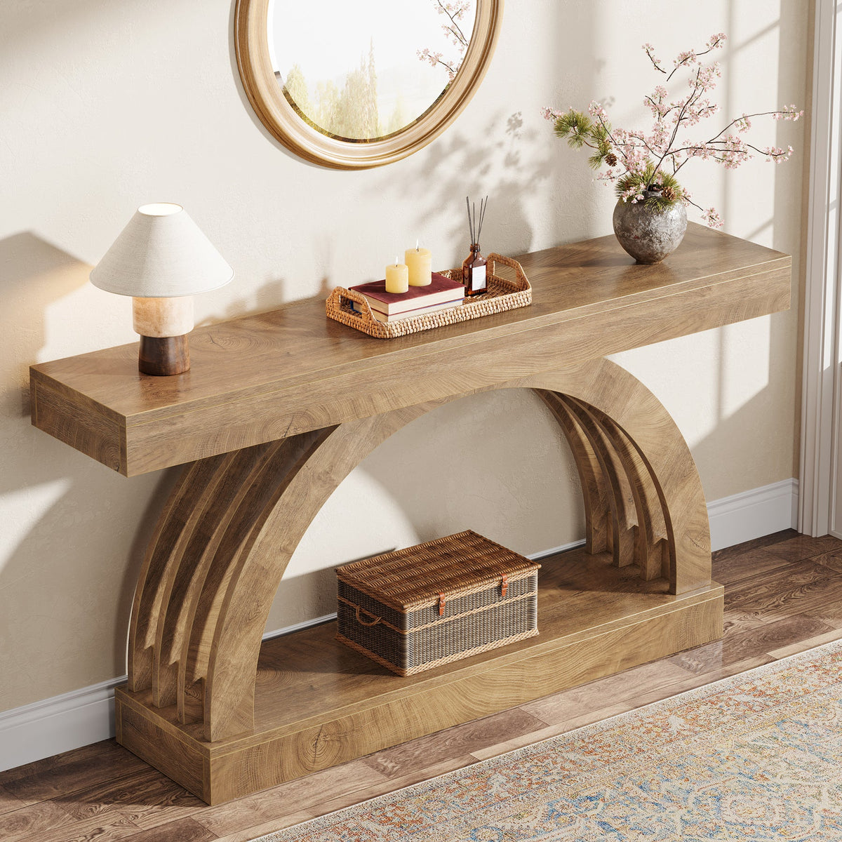 2-Tier Console Table, 63" Unique Arched Sofa Table Behind The Couch
