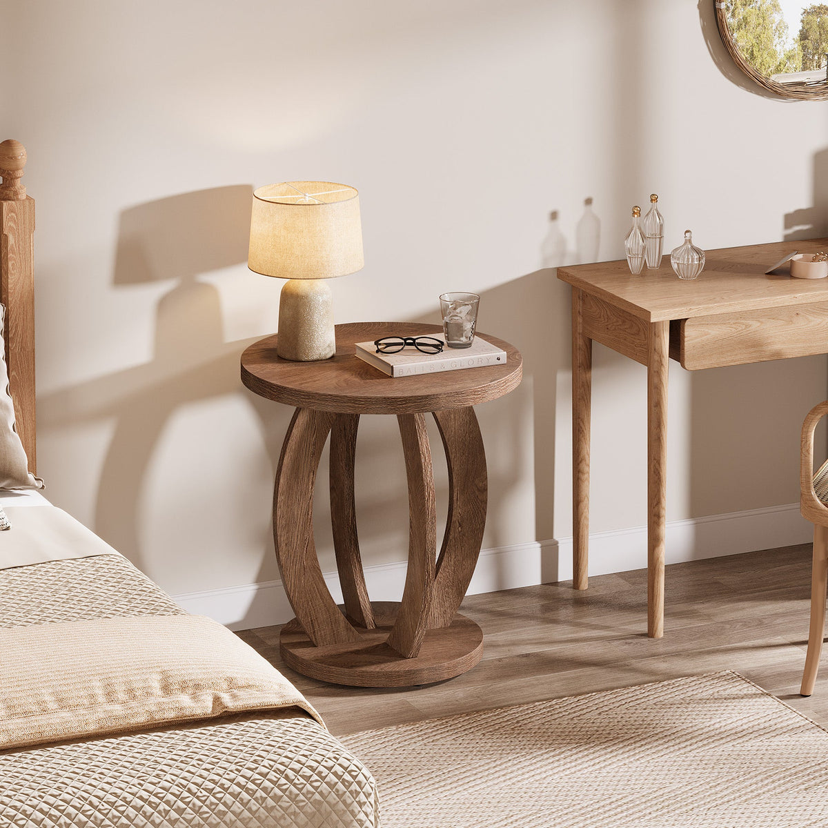 Round Nightstand with Storage, Large Bedside Table for Bedroom