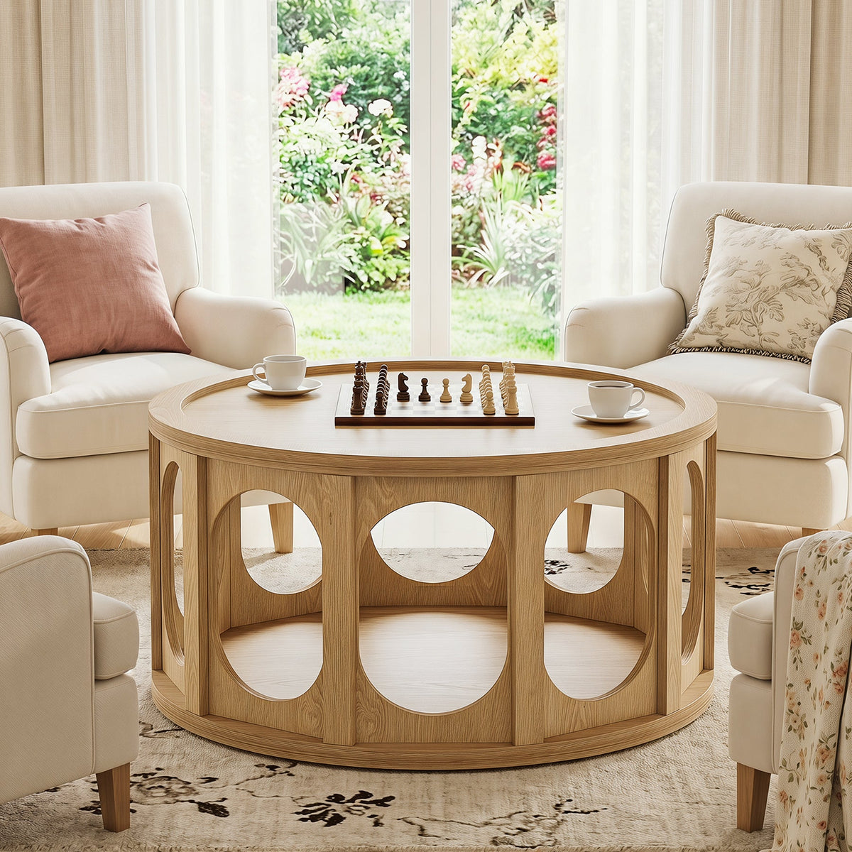 Tribesigns 31.5-Inch Modern Round Coffee Table with Open Storage Shelf, Wood Grain Center Table for Living Room