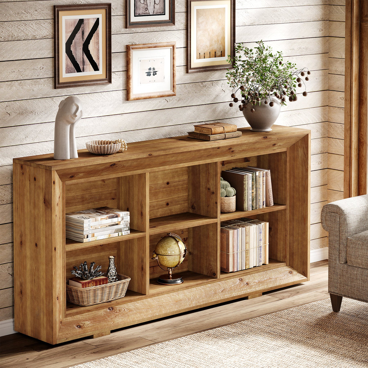 63" Solid Wood Console Table, Farmhouse Entryway Table with 6 Storage Cubes