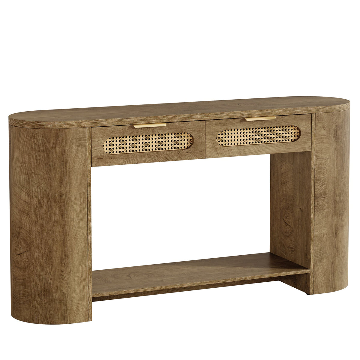 55" Console Table, Farmhouse Entryway Sofa Table With 2 Rattan Drawers & Shelf