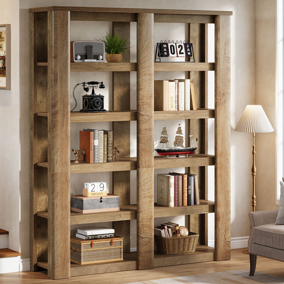 6-Tier Bookshelf, 71" Farmhouse Bookcase with Storage Shelves