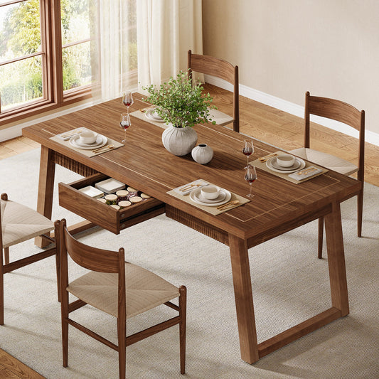 55" Rectangular Dining Table with Drawer & Solid Wood Legs for 4-6