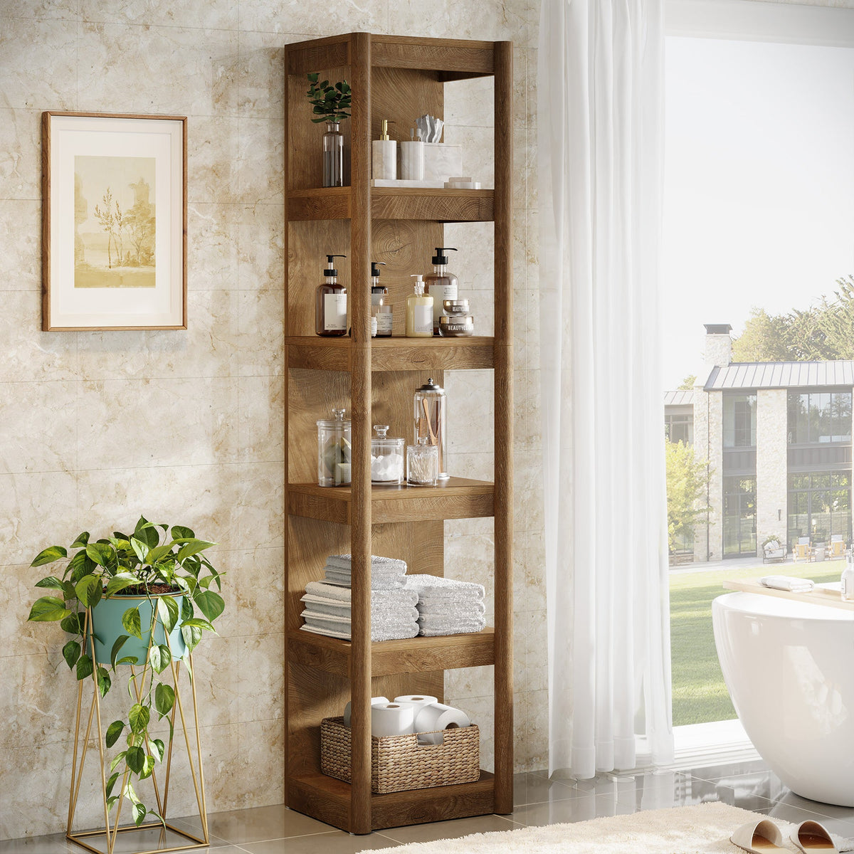 5-Tier Narrow Bookcase, 70.9" Farmhouse Bookshelf with Open Storage Rack