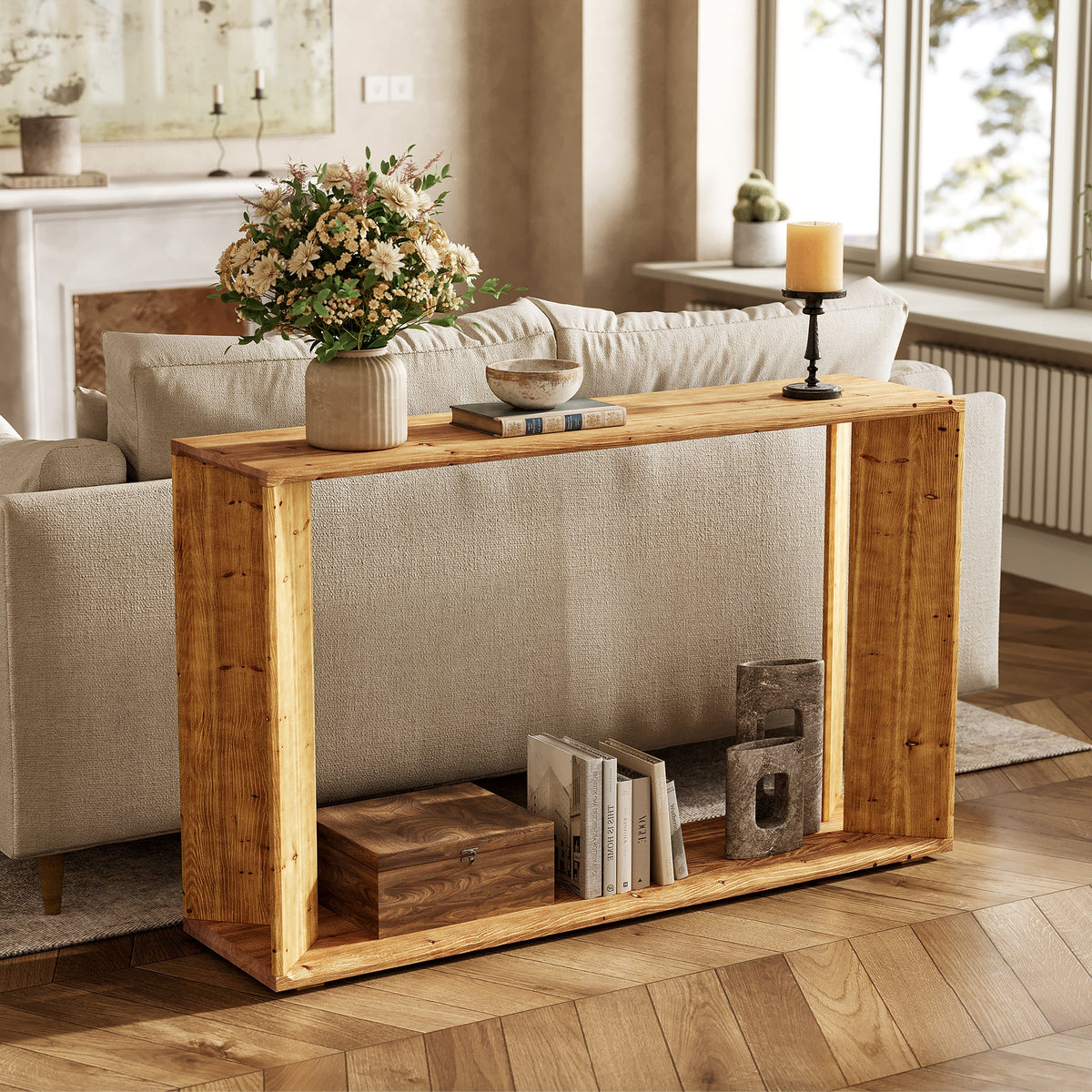 2-Tier Solid Wood Console Table, 55" Farmhouse Entryway Table for Foyer
