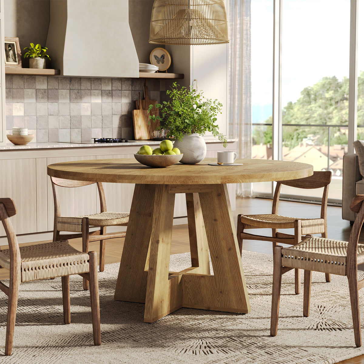 Solid Wood Round Dining Table, 47" Farmhouse Kitchen Table for 4-6