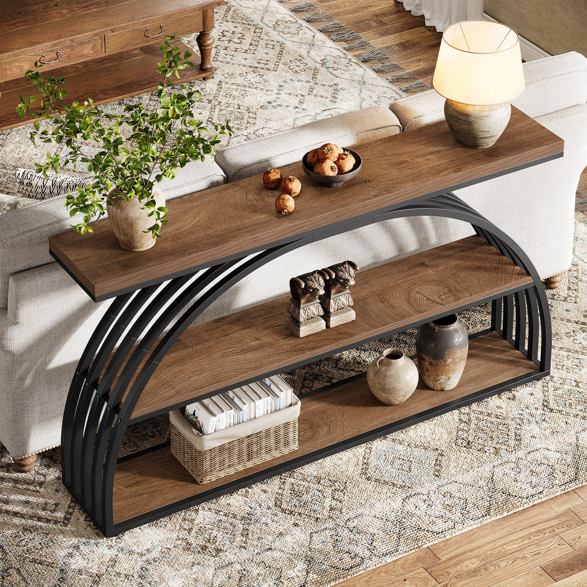 63" Console Table, 3-Tier Sofa  Entryway Table with Arched Frame