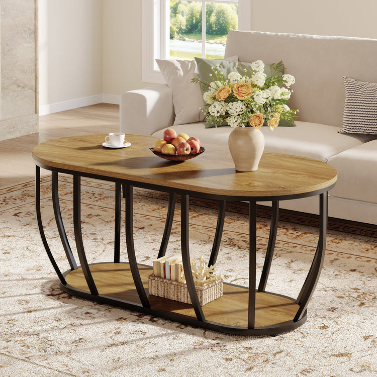 Oval Coffee Table, 47.2" Modern Center Cocktail Table with 2-Tier Storage