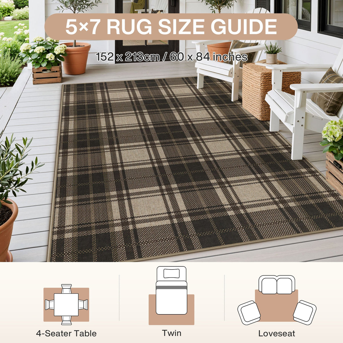 3x5/5x7 Plaid Easy Jute Washable Area Rug, Farmhouse Non-Slip Indoor Carpet for Porch Living Bedroom, Oeko-Tex Certified