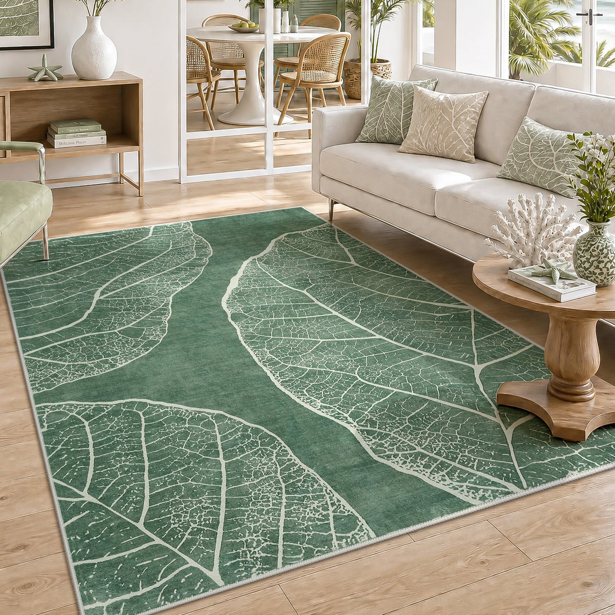 5x7 Boho Leaf Print Area Rugs#Color_Green
