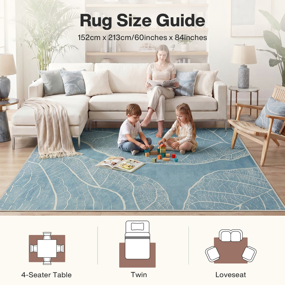5x7 Boho Leaf Print Area Rugs#Color_Blue