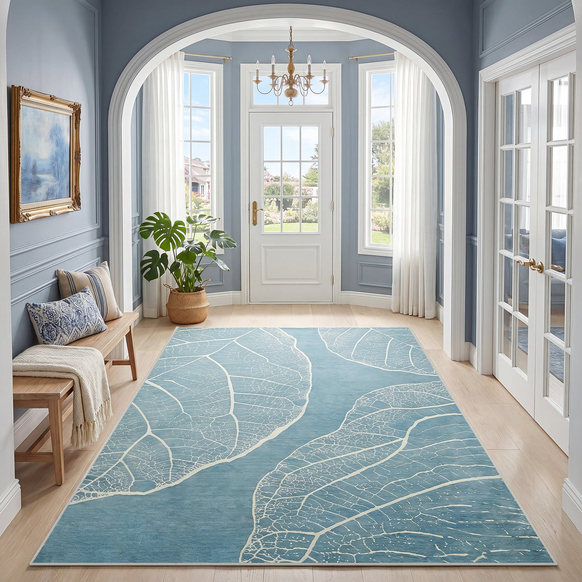5x7 Boho Leaf Print Area Rugs#Color_Blue