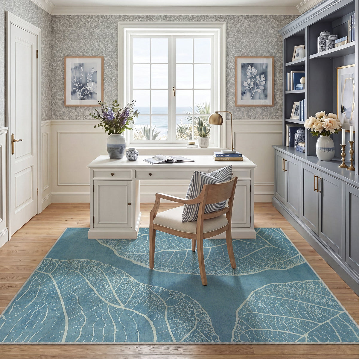 5x7 Boho Leaf Print Area Rugs#Color_Blue