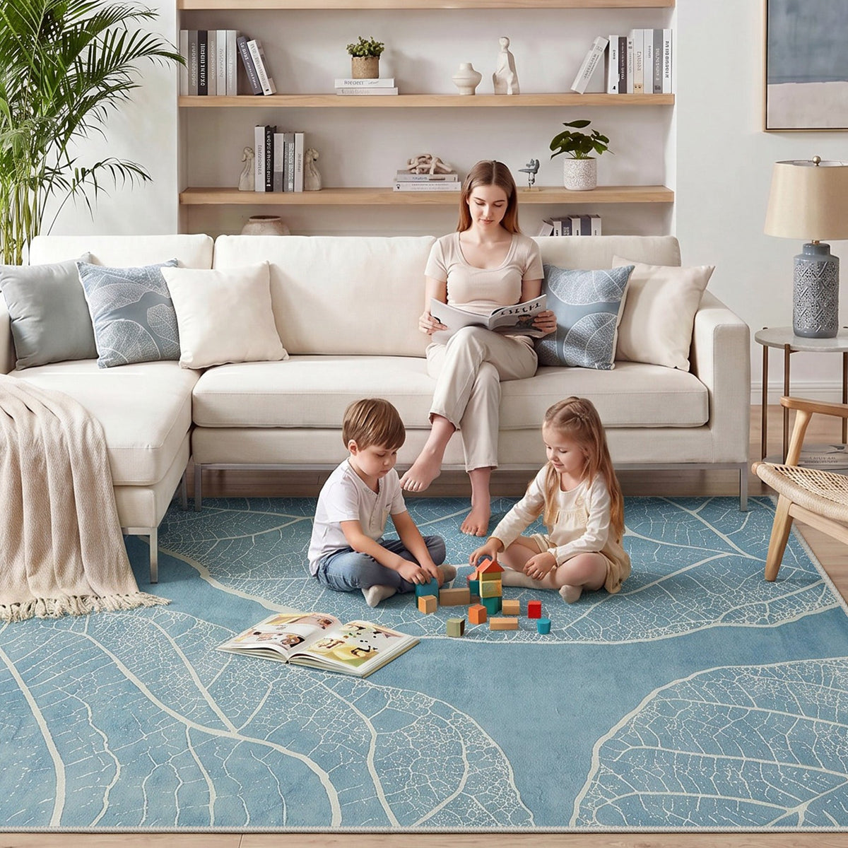5x7 Boho Leaf Print Area Rugs#Color_Blue