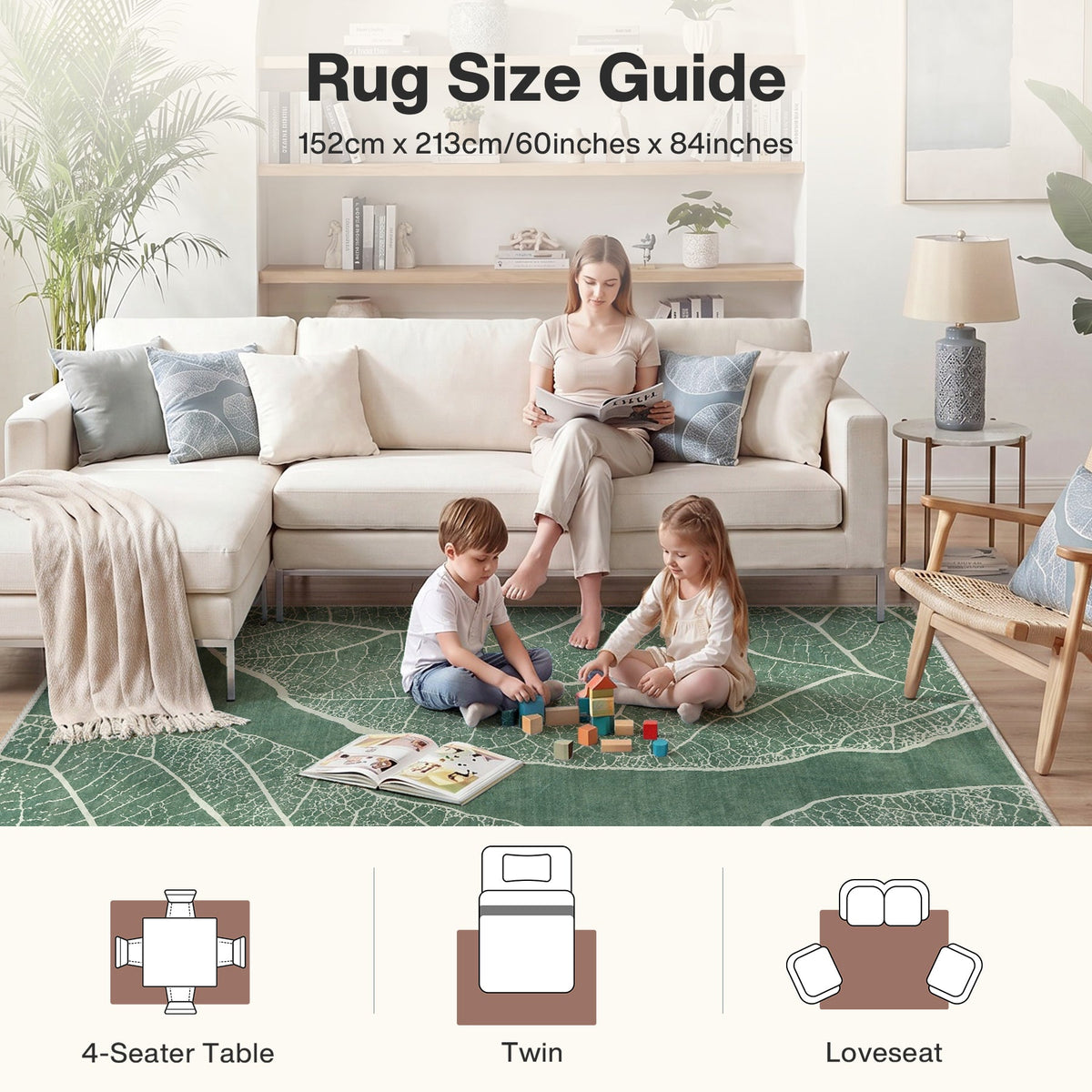 5x7 Boho Leaf Print Area Rugs#Color_Green
