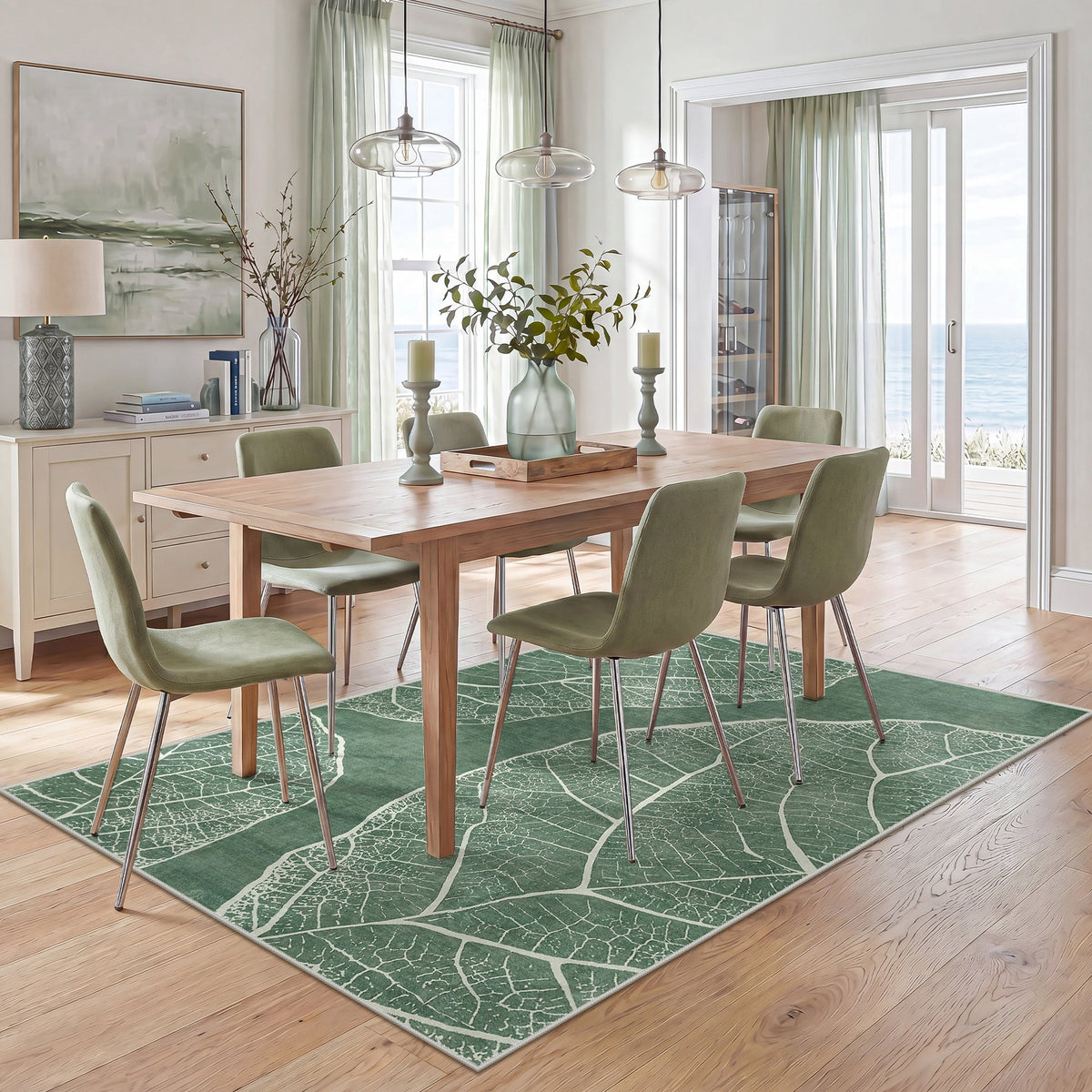 5x7 Boho Leaf Print Area Rugs#Color_Green
