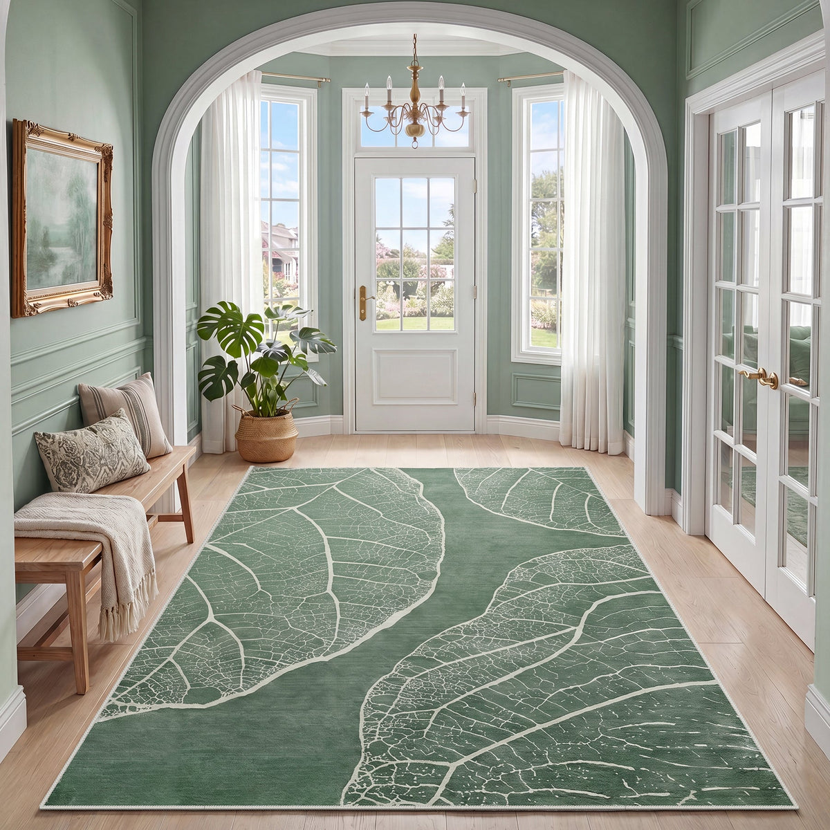 5x7 Boho Leaf Print Area Rugs#Color_Green