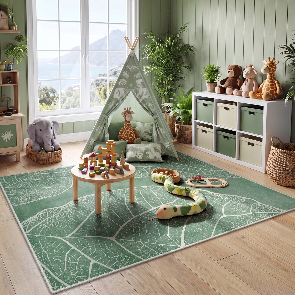 5x7 Boho Leaf Print Area Rugs#Color_Green