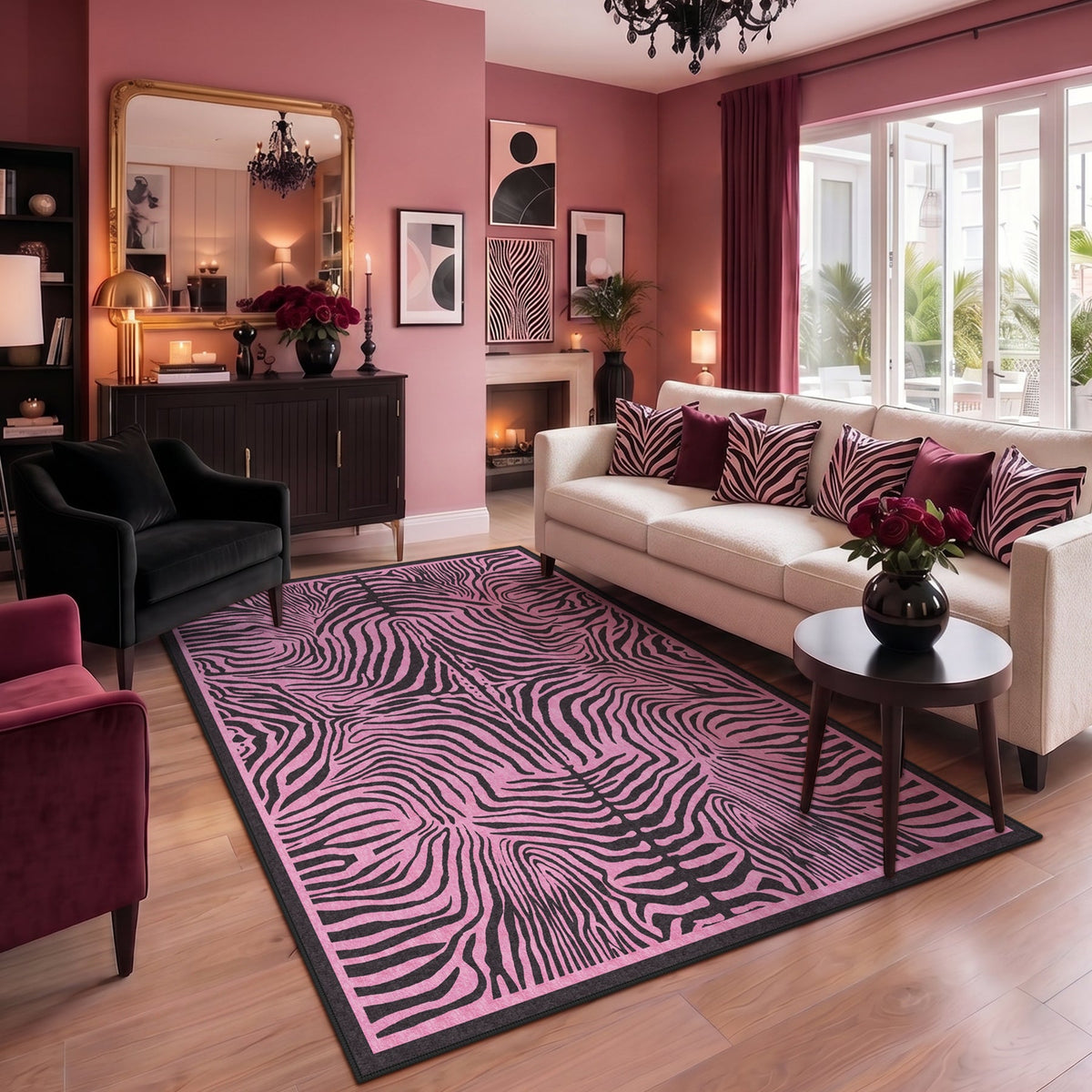 5x7 Zebra Print Washable Area Rug#Color_Light Pink