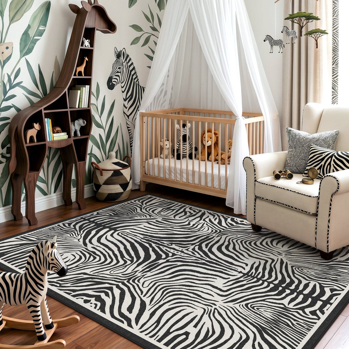 5x7 Zebra Print Washable Area Rug#Color_Black