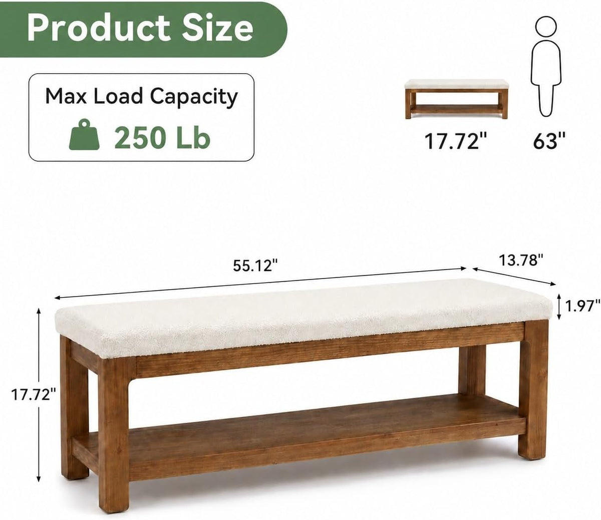 55" Solid Wood Dining Bench, Farmhouse Upholstered Bench with 2-Tier Storage Shelf