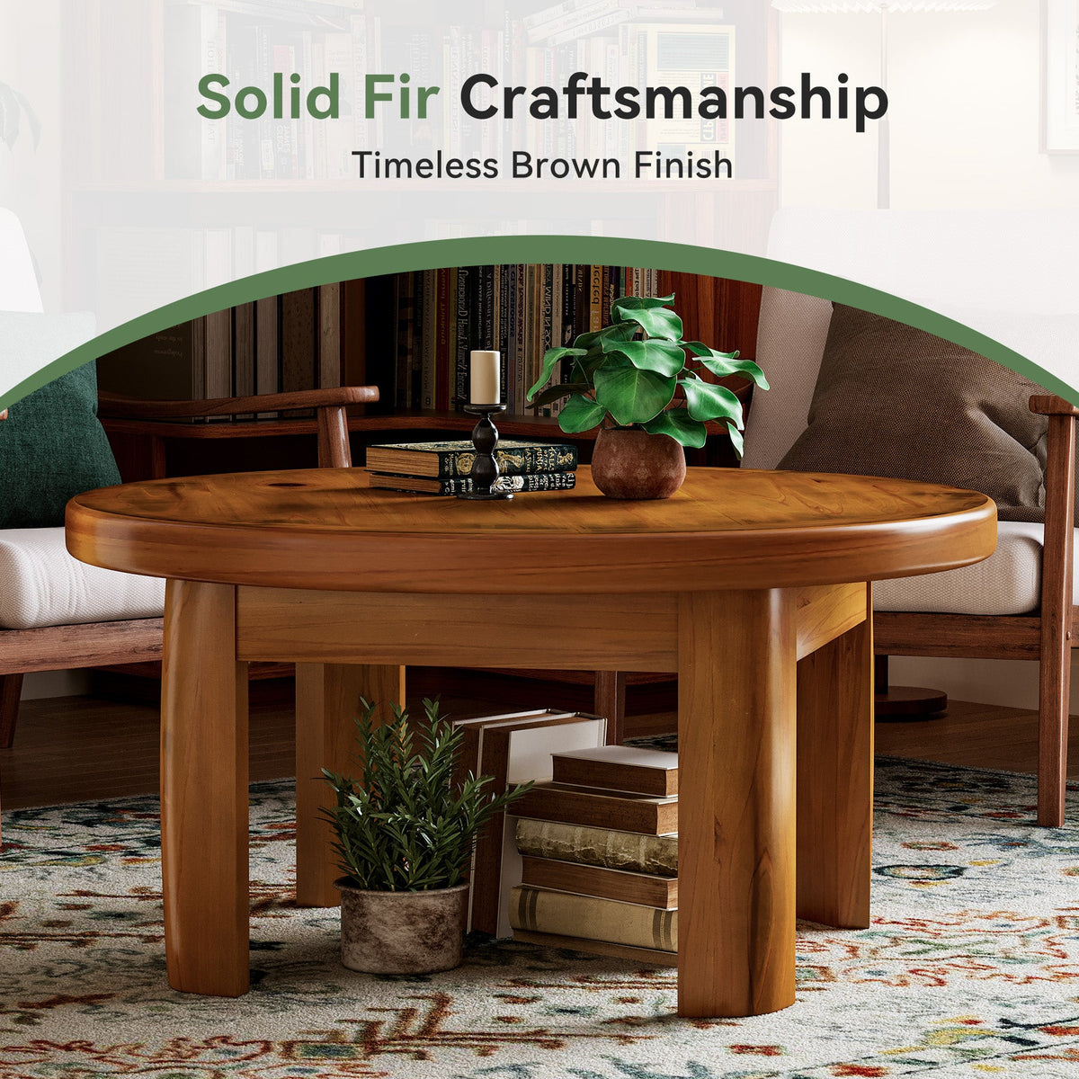 Solid Wood Round Coffee Table, 31.5" Mid Century Modern Center Tea Table