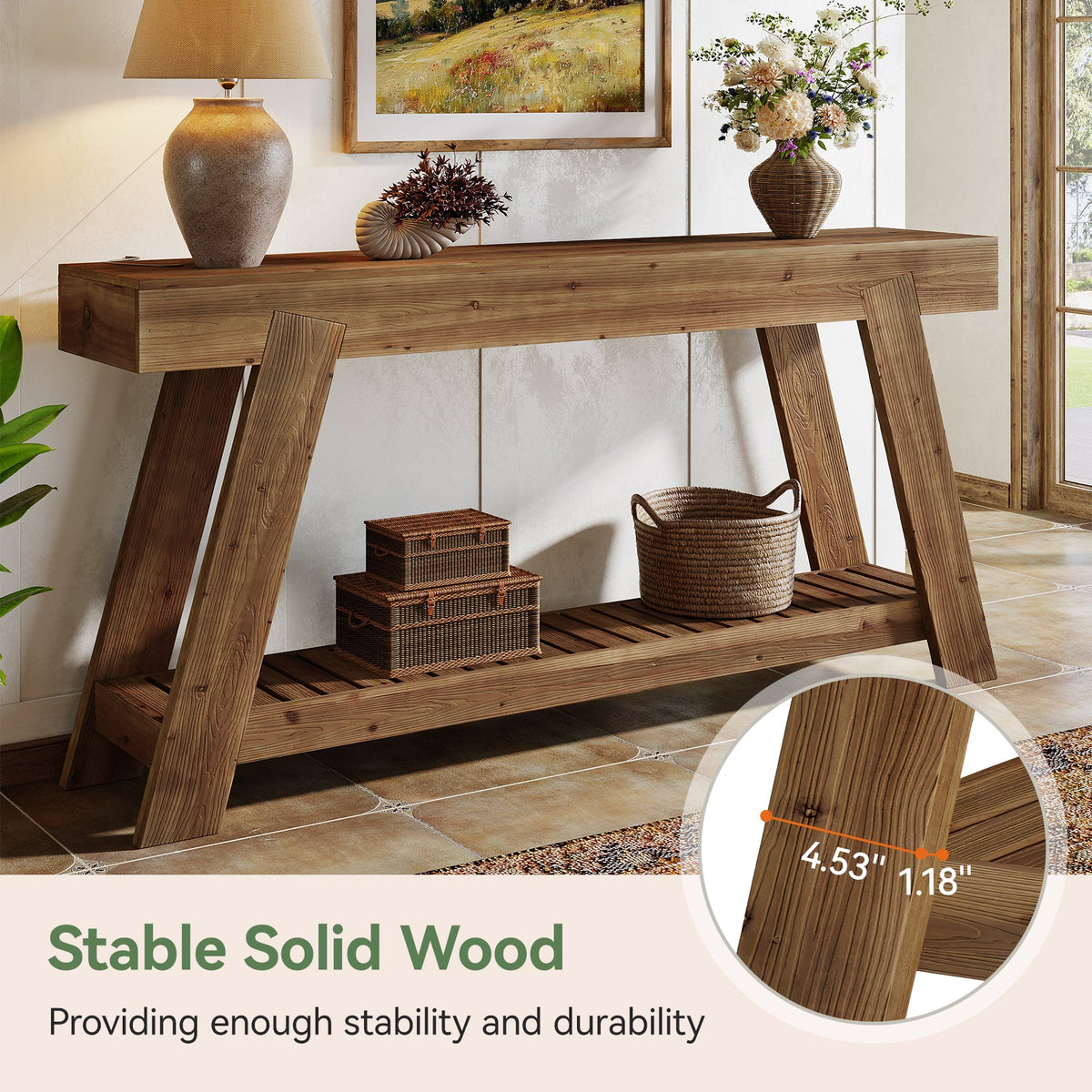 62.9" Console Table, Solid Wood Narrow Sofa Couch Table with Storage for Entryway