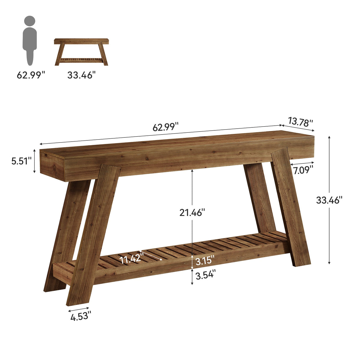 62.9" Console Table, Solid Wood Narrow Sofa Couch Table with Storage for Entryway