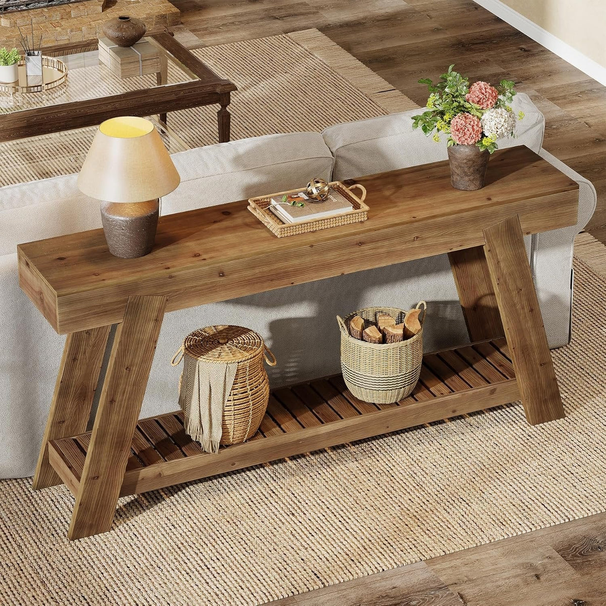 62.9" Console Table, Solid Wood Narrow Sofa Couch Table with Storage for Entryway