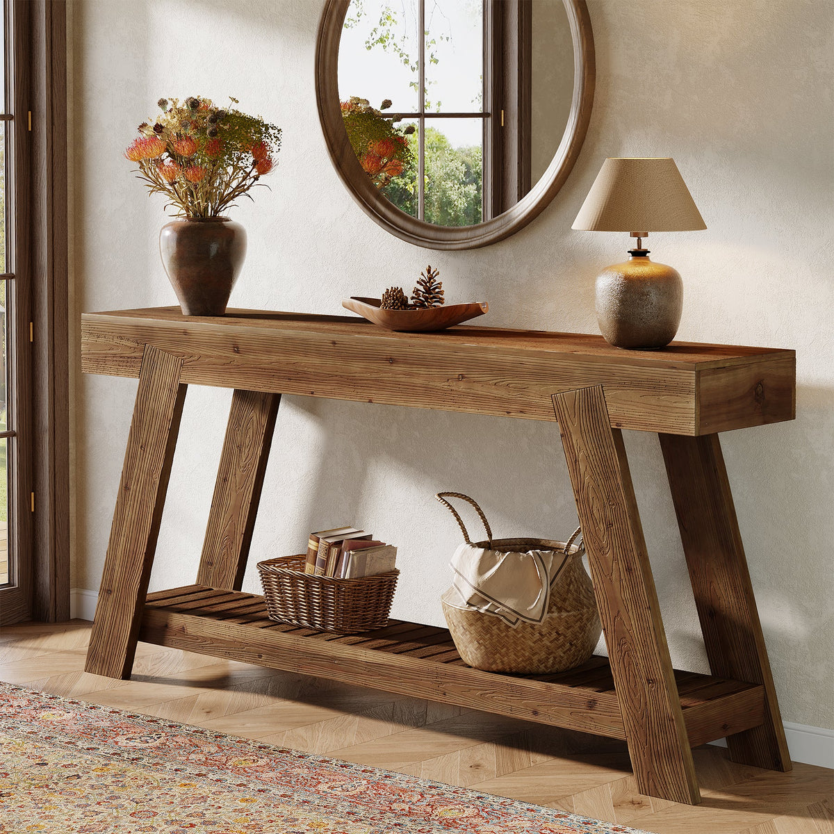 62.9" Console Table, Solid Wood Narrow Sofa Couch Table with Storage for Entryway