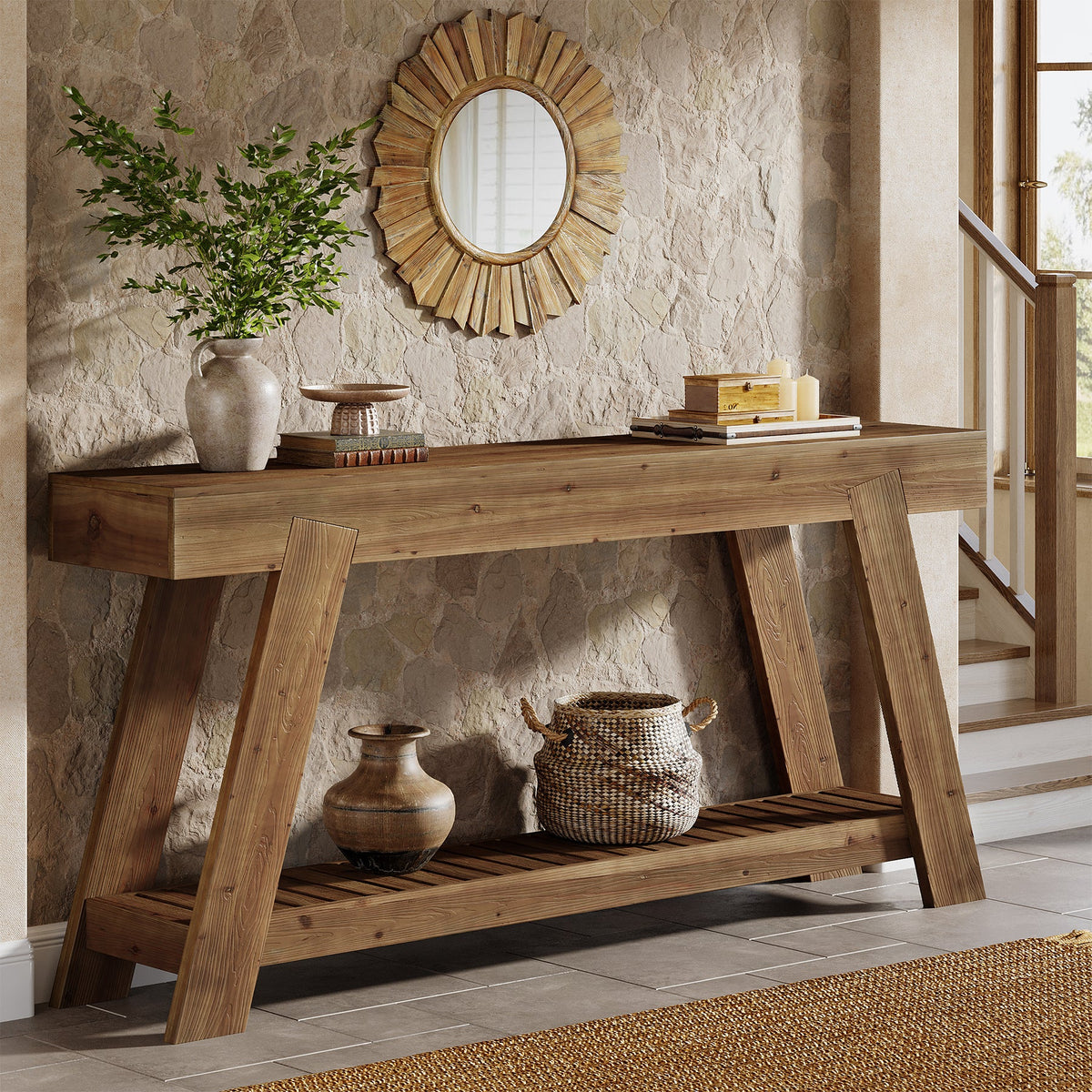 62.9" Console Table, Solid Wood Narrow Sofa Couch Table with Storage for Entryway