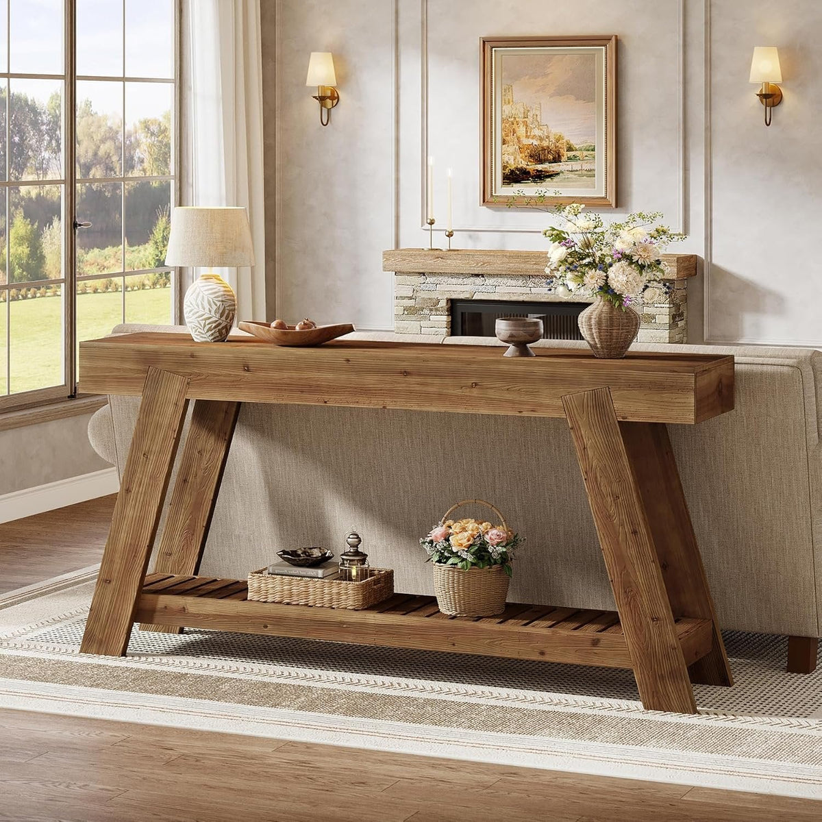 62.9" Console Table, Solid Wood Narrow Sofa Couch Table with Storage for Entryway