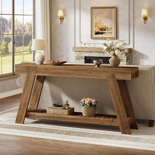 62.9" Console Table, Solid Wood Narrow Sofa Couch Table with Storage for Entryway