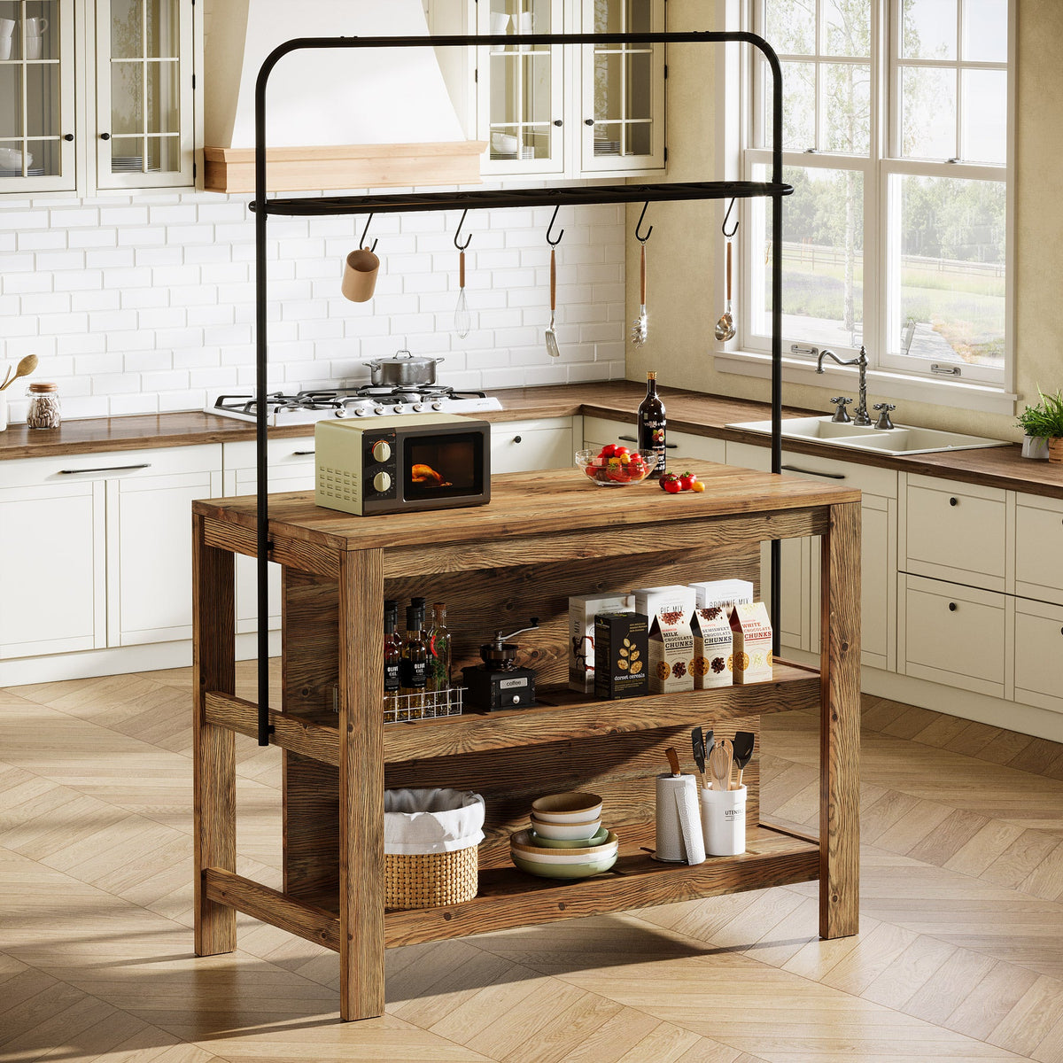 47" Solid Wood Kitchen Island Table with Storage and 5 Hooks
