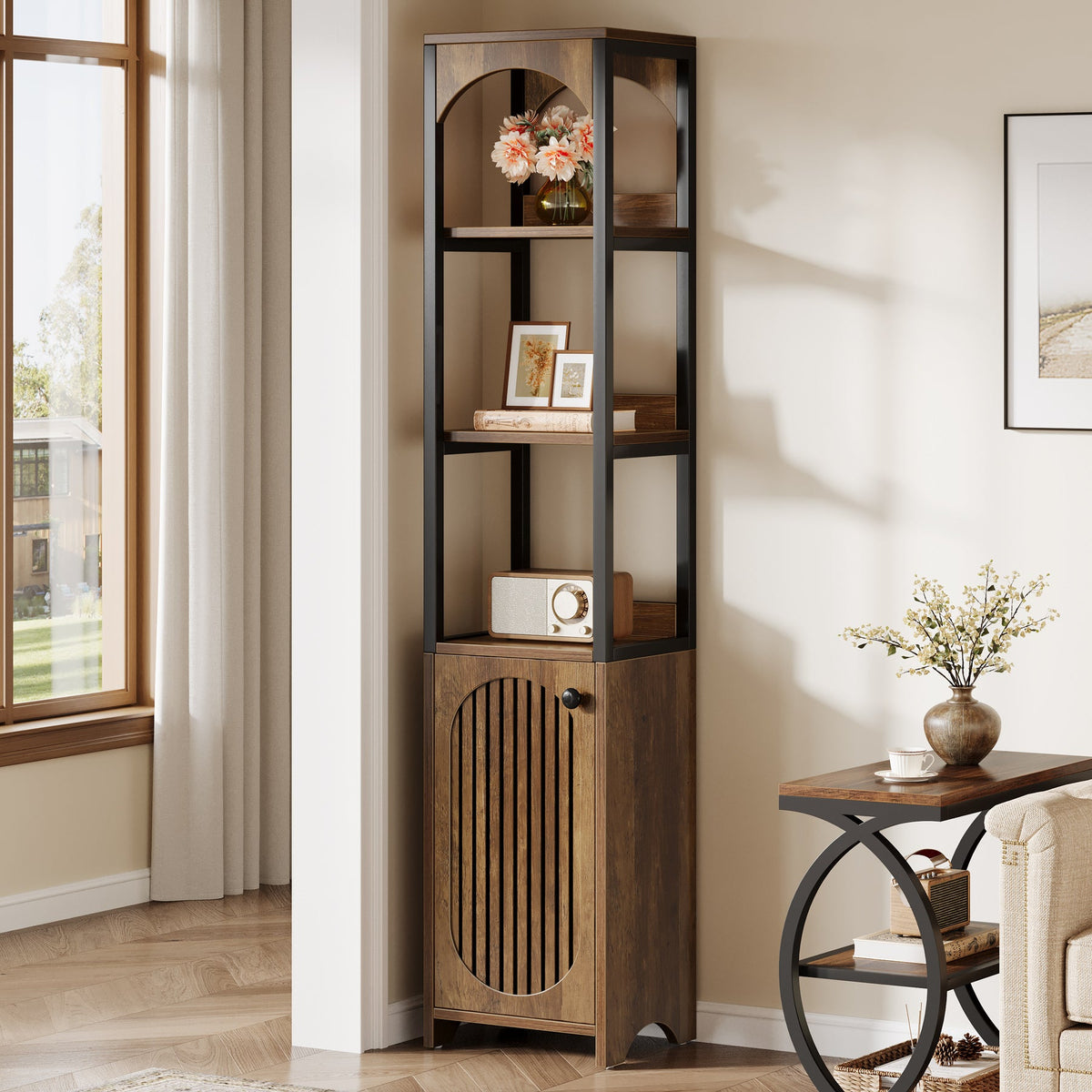 71.6" Bookshelf with Cabinet, Narrow Bookcase with Open Storage Shelves