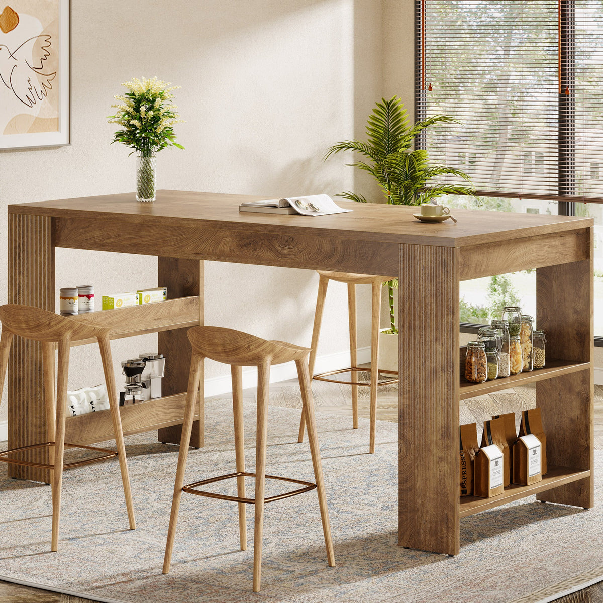 63" Kitchen Island, Large Home Bar Table with Double-Sided Storage Shelves