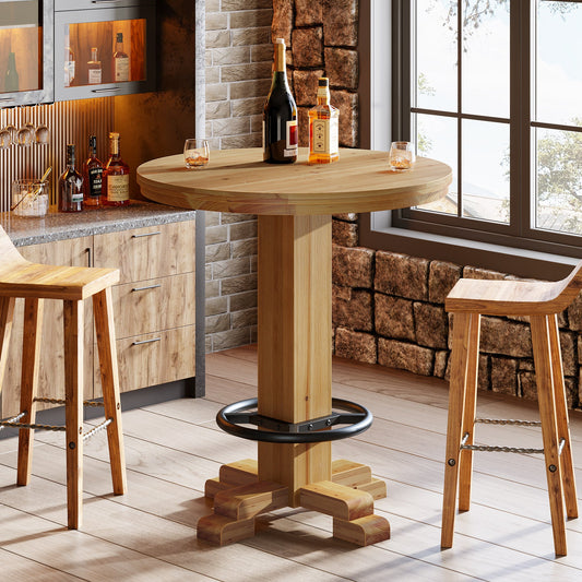 Solid Wood Round Bar Table, 37.4" H Bistro Pub Table with Metal Footrest