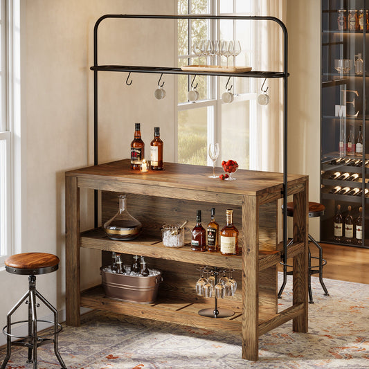 47" Solid Wood Bar Table, 3-Tier Home Bar Unit with Storage Shelves & 5 Hooks