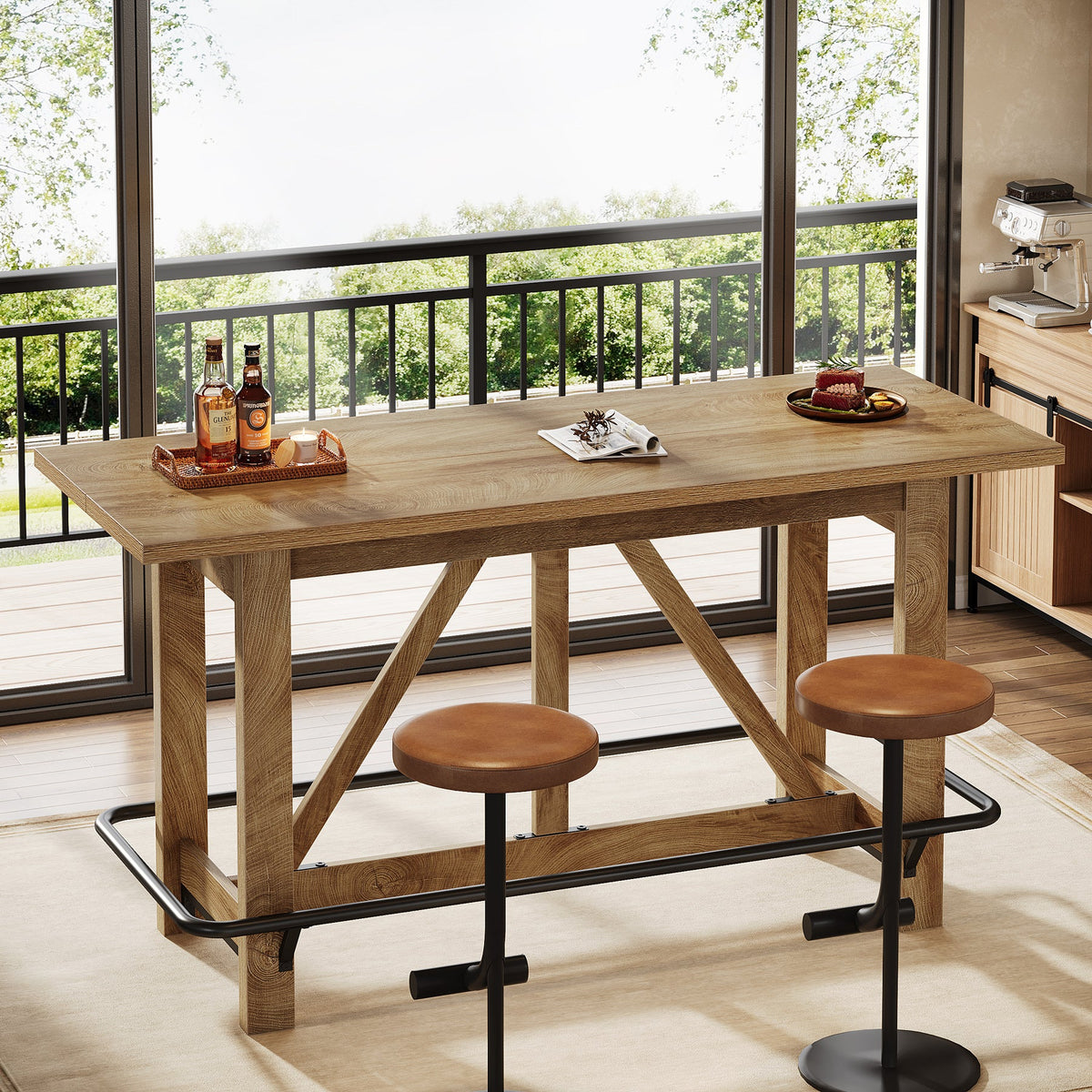 63" Bar Table, Counter Height Pub Dining Table with Footrest