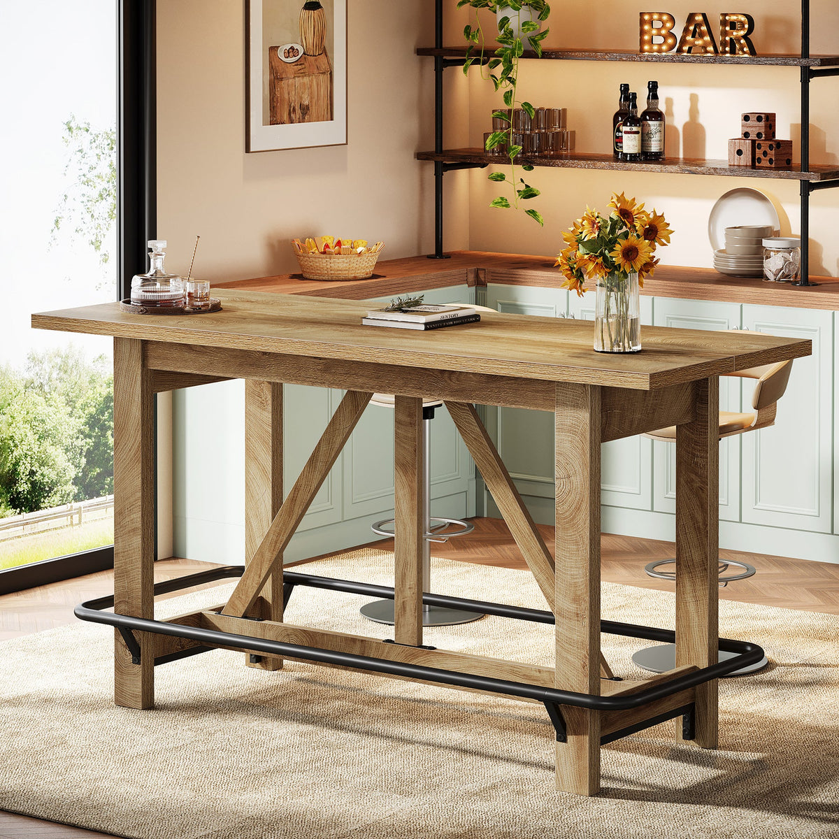 63" Bar Table, Counter Height Pub Dining Table with Footrest
